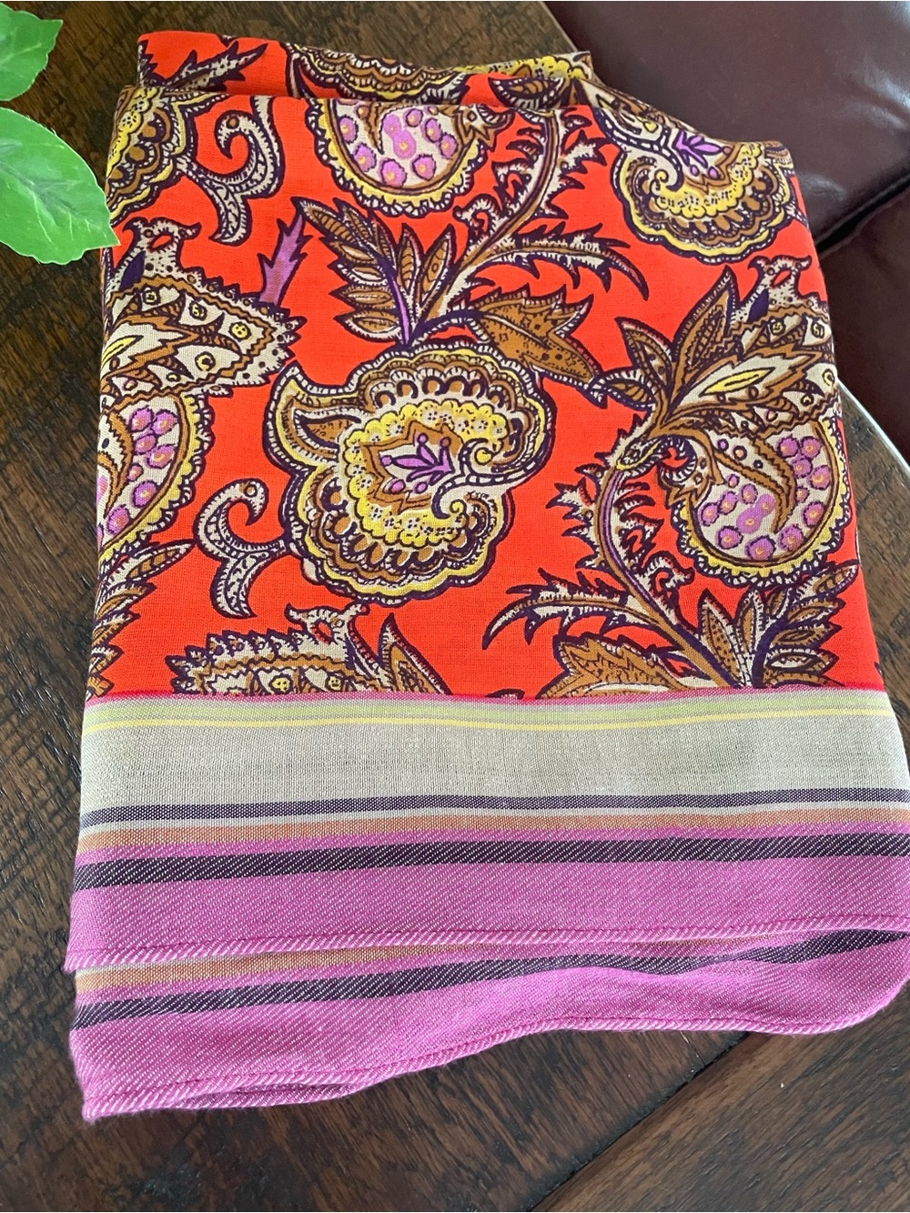 Loft Vibrant Orange Purple Gold Lightweight Paisley Print Oblong Scarf Shawl EUC
